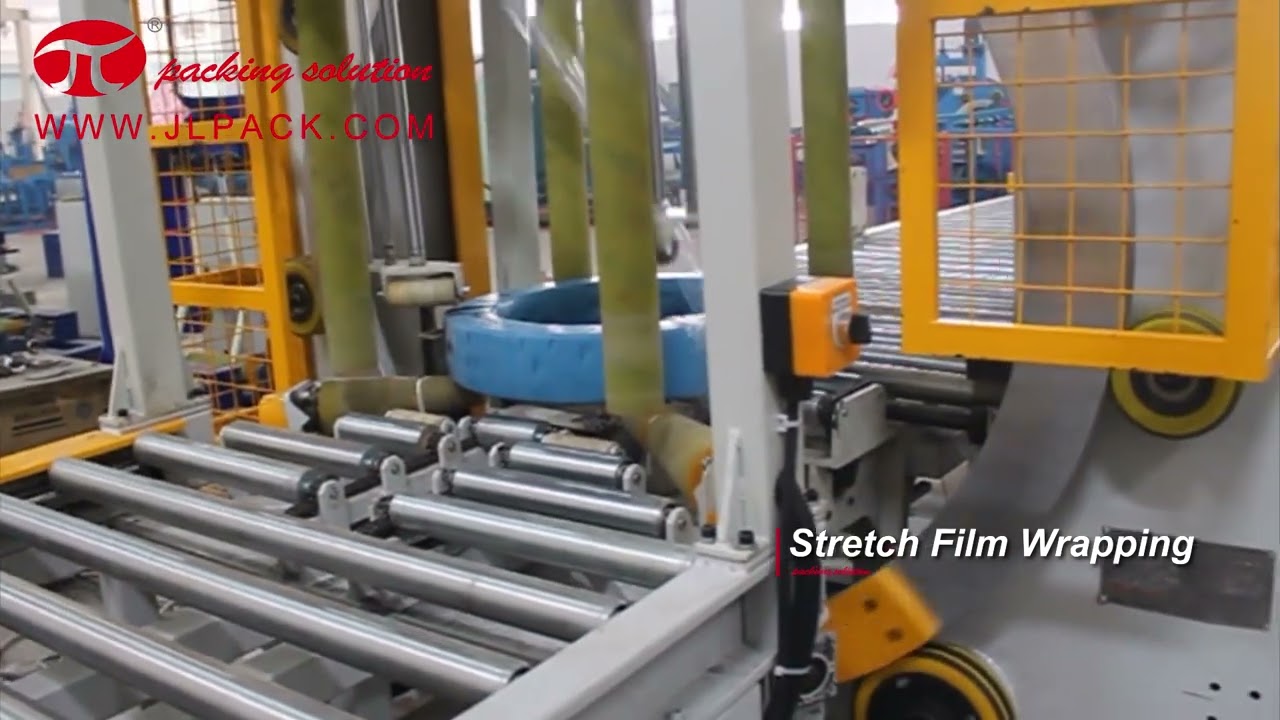Automatic Coil Packing Machine for Plastic Pipes with Labeling and Stacking System for High Efficiency.