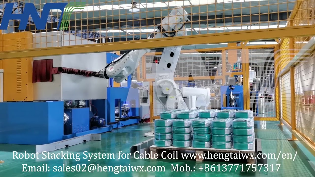 Coil Palletisers with Shrink Film Packing for Cable Winding in One Machine.