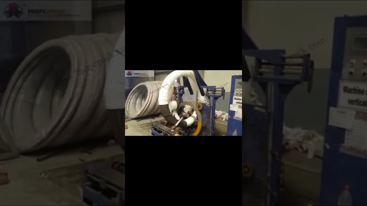 Coil packing machine for prestressed steel wire that is optimized for efficiency and compactness. Coil packing machine for prestressed steel wire that is optimized for efficiency and compactness.