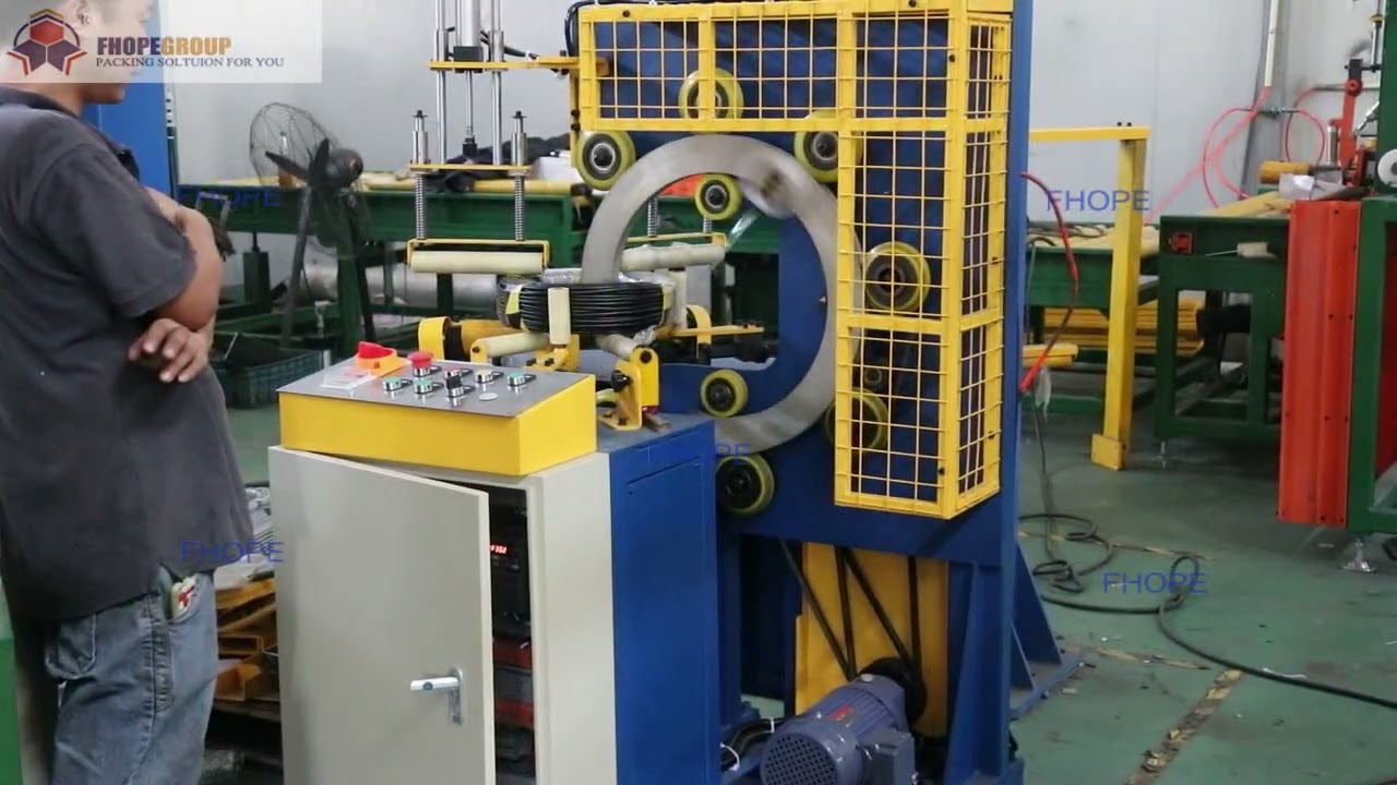 Coil wrapping machine for cables using film, optimized.