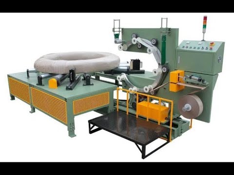 Coil wrapping machine for soft pipes, cables, wires, and tires with steel wire packing. Coil wrapping machine for soft pipes, cables, wires, and tires with steel wire packing.