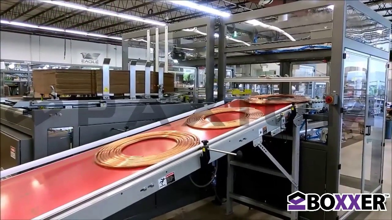 Compact Copper Coil Case Packer with Automated Pick and Place Functionality.