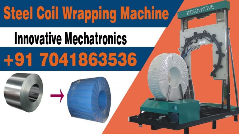 Compact steel coil wrapping and packing machine for efficient and secure packaging.