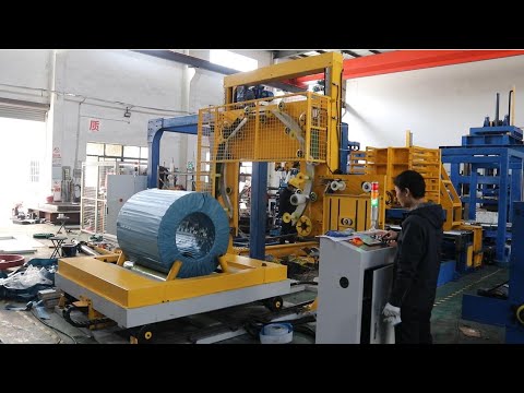 Efficient wire coil packing solution for steel wire coils with a specialized wrapping machine.