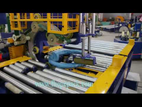 Horizontal automatic packing machine for steel wire coils.