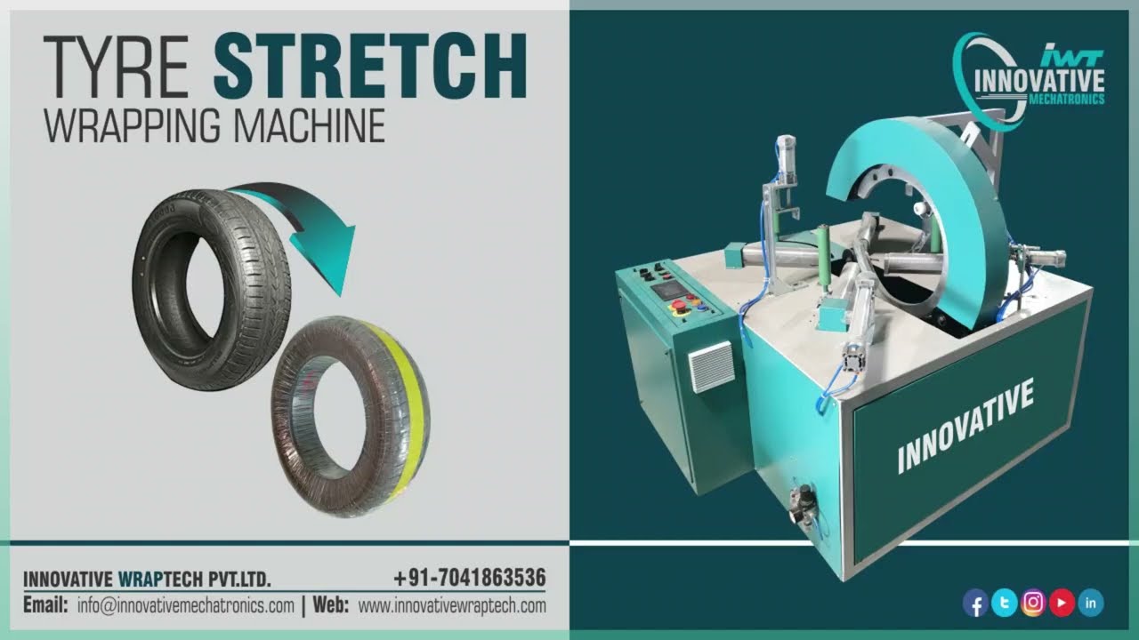 Horizontal tyre wrapping machine with stretch capabilities.