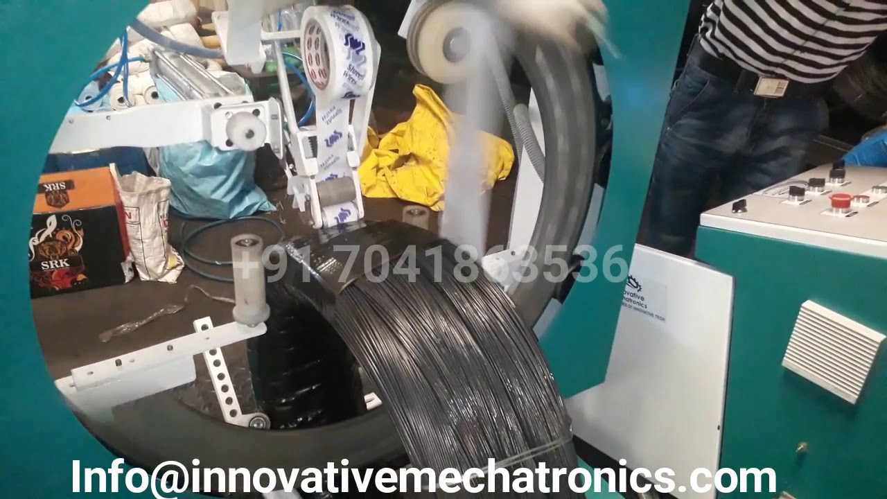 Packaging machine for vertical coil stretch wrapping of GI wire and binding wire, designed for optimization.