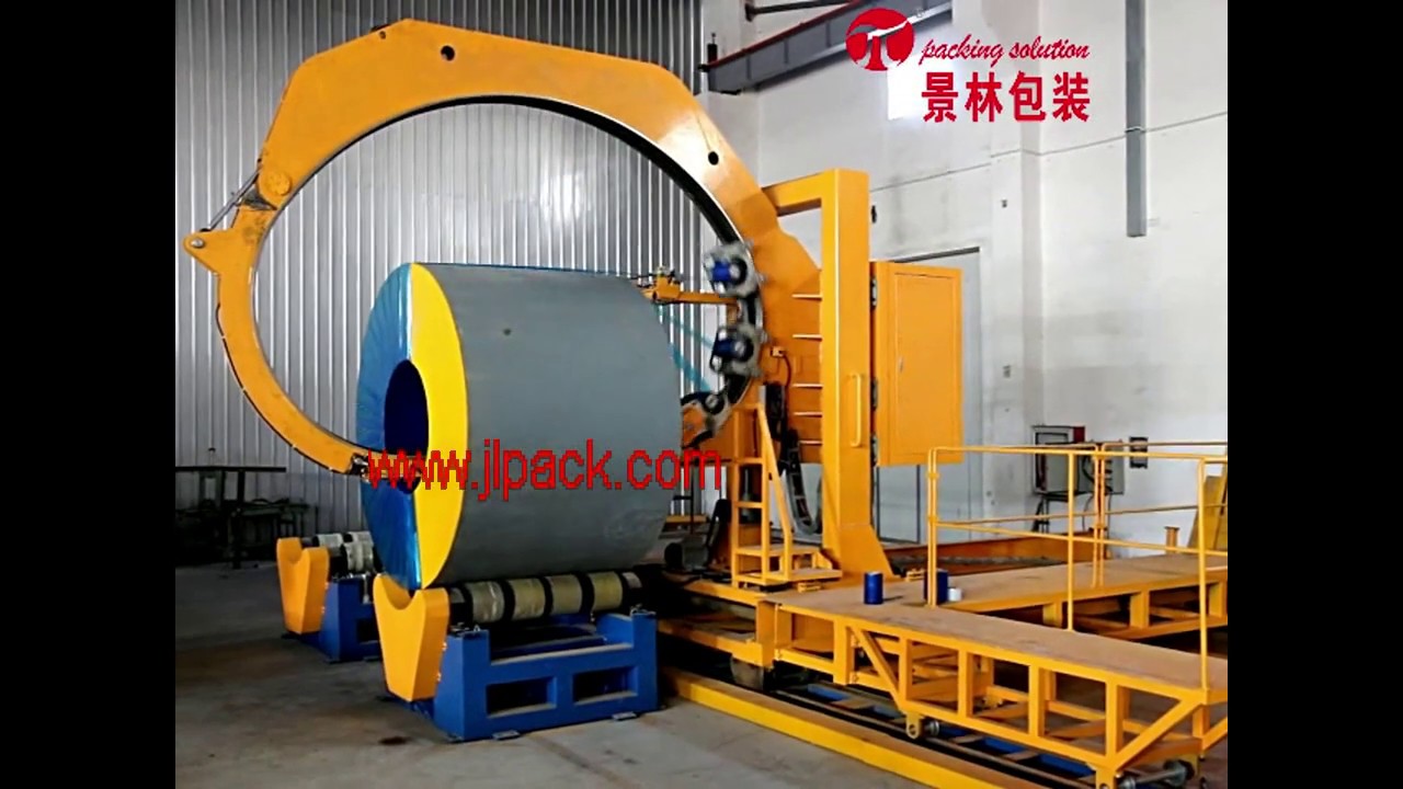 Stretch packing machine for coils made of steel, aluminum, and wire, optimized for efficient packaging.