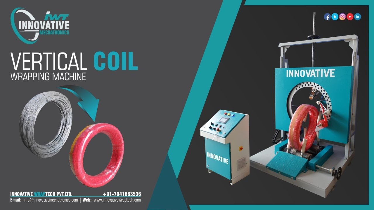 Vertical coil wrapping machine optimized for efficient wrapping in less than 35 words. Vertical coil wrapping machine optimized for efficient wrapping in less than 35 words.