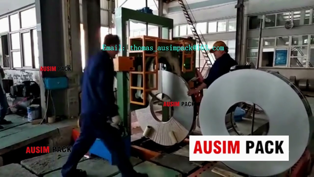 Mobile chain & trolley coil packing machine for steel, metal, and iron strip coils. Improved and efficient steel coil wrapping machine.