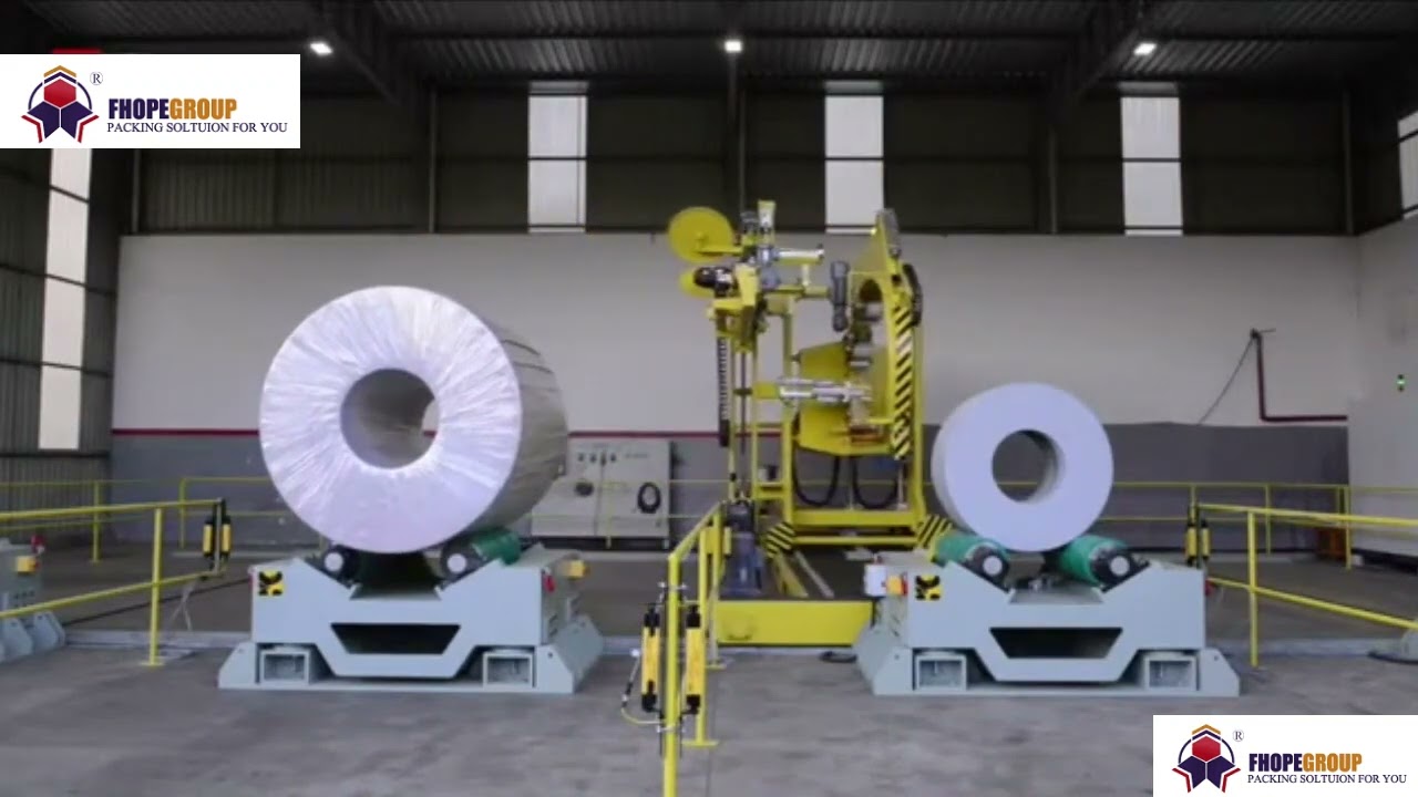 Packing Machine for Large Steel Coils on a Stand