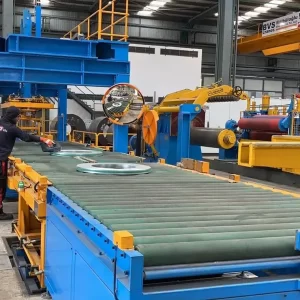 Automatic steel coil packing system with strapping machine and stacking machine